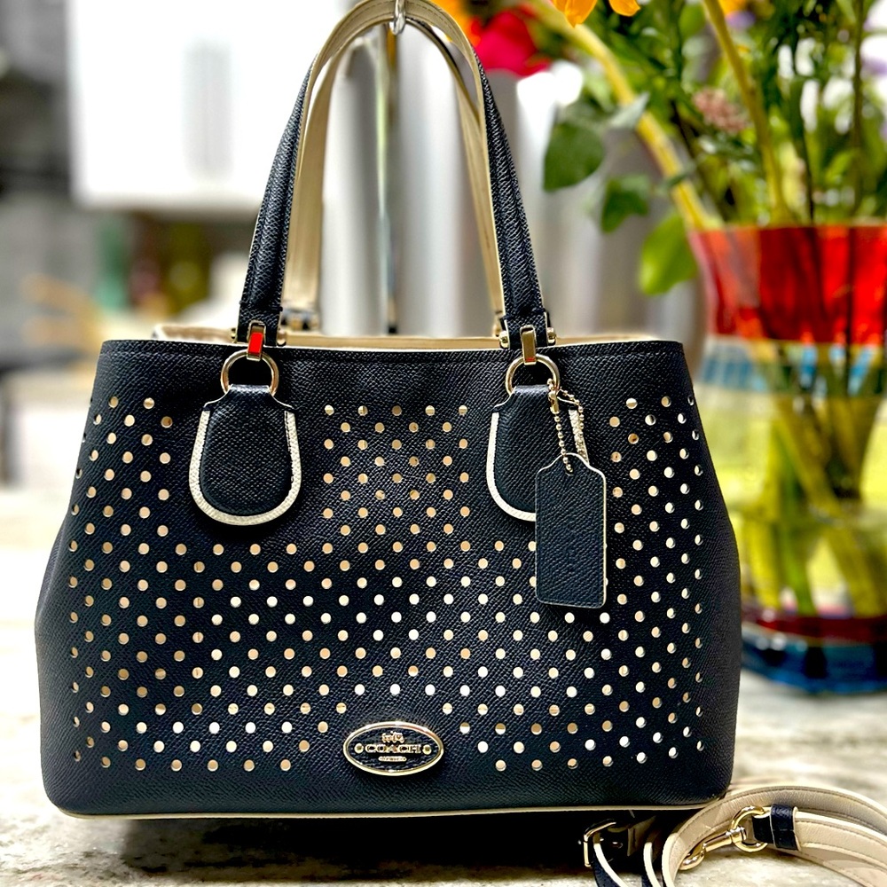 Coach Authentic Navy Blue Perforated Leather Carryall Tote